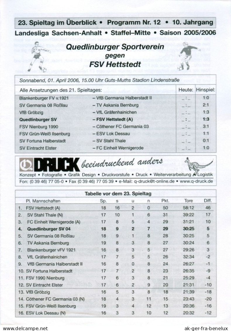 Fußball-Programm PRG Quedlinburger SV 04 Vs FSV Hettstedt 1. 4. 2006 Quedlinburg Motor Empor BSG Stahl Sachsen-Anhalt - Programas