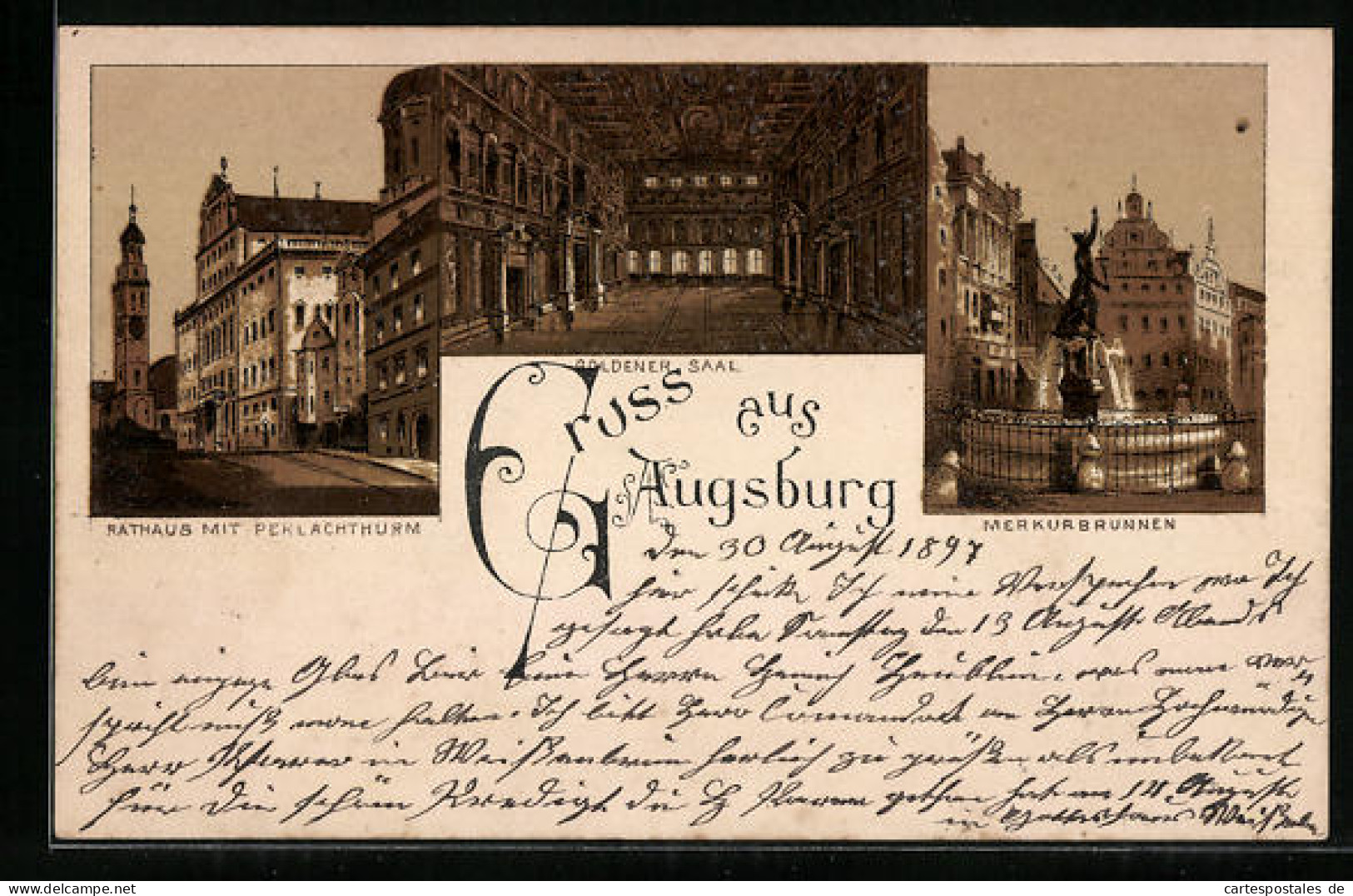 Lithographie Augsburg, Rathaus Mit Perlachthurm, Merkurbrunnen, Goldener Saal  - Augsburg