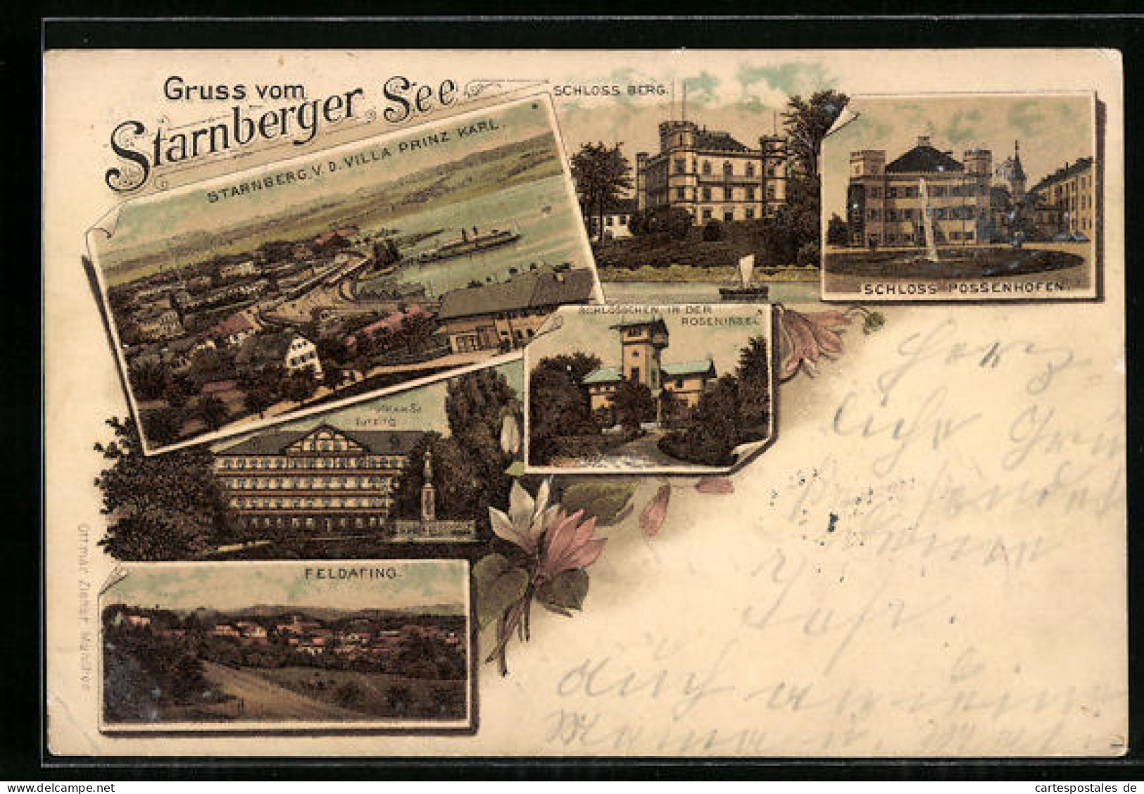 Lithographie Starnberg, Teilansicht U. Starnberger See V. D. Villa Prinz Karl, Hôtel Am See Tutzing, Schloss Berg  - Tutzing