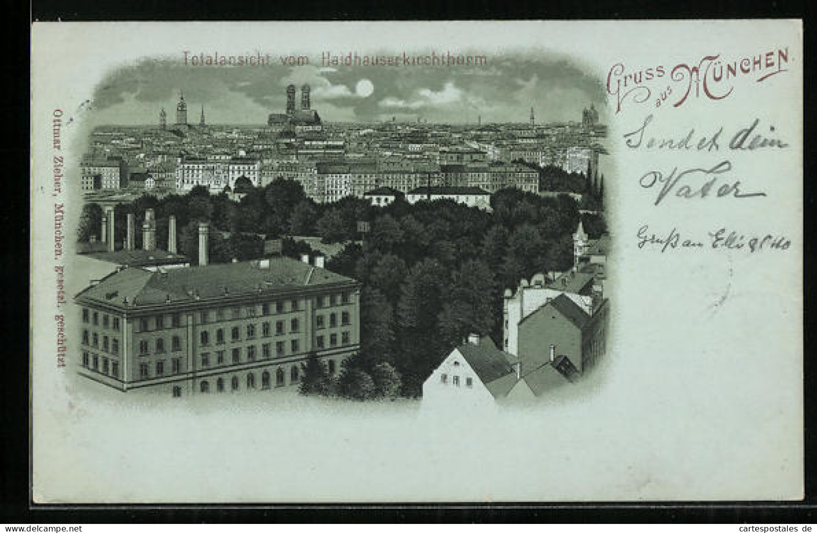 Mondschein-Lithographie München, Totalansicht Vom Haidhauserkirchthurm  - Muenchen