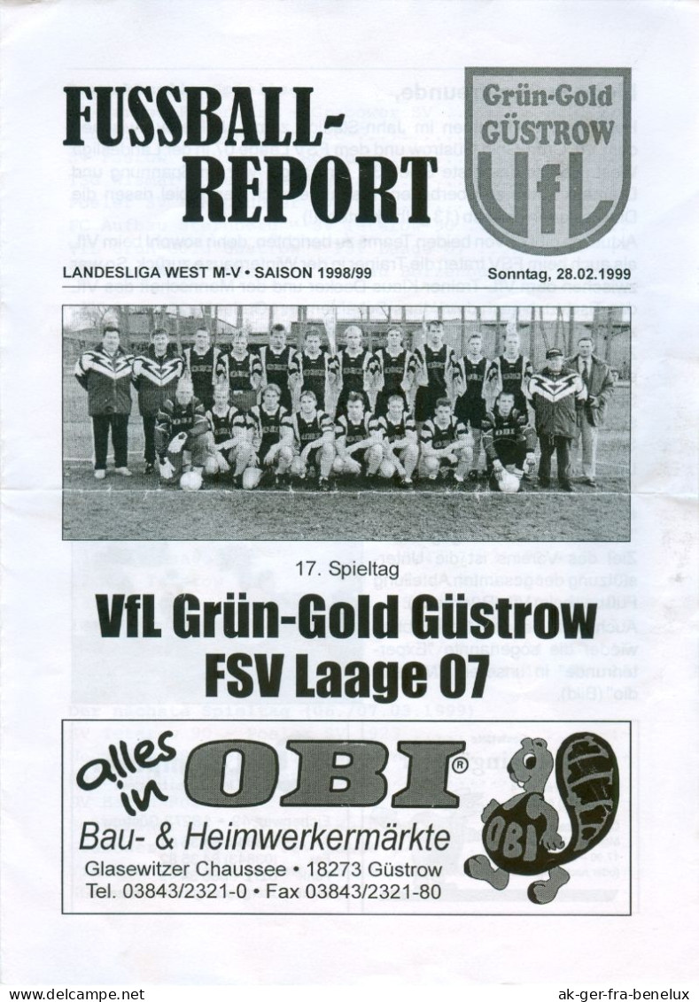 Fußball-Programm PRG VfL Grün-Gold Güstrow - FSV Laage 07 28. 2. 1999 Laager SV 03 BSG Traktor Corso Dynamo Barlachstadt - Programs