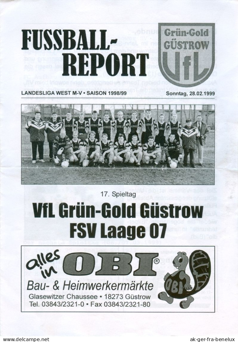 Fußball-Programm PRG VfL Grün-Gold Güstrow - FSV Laage 07 28. 2. 1999 Laager SV 03 BSG Traktor Corso Dynamo Barlachstadt - Programma's