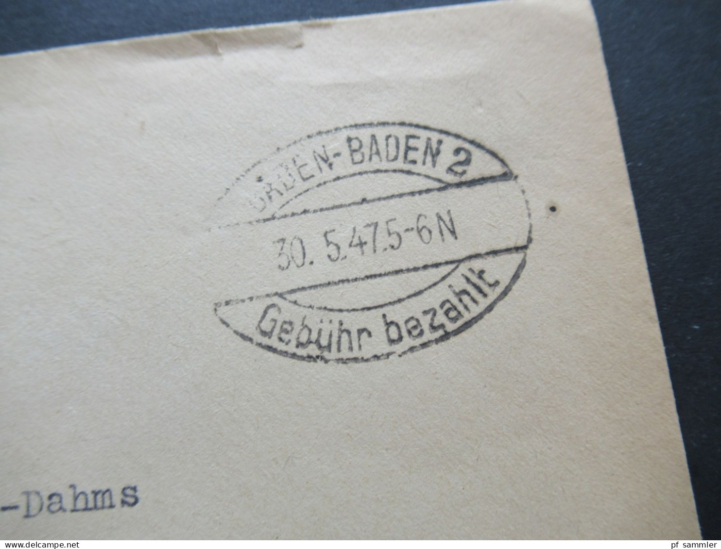 1947 Französische Zone Geschäftspapiere Ellipsenstempel Baden Baden 2 Gebühr Bezahlt Umschlag Max Riess Ingenieurbüro - General Issues