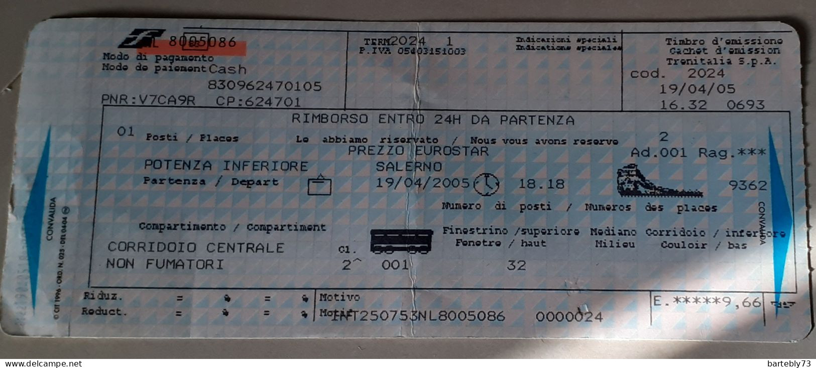 Biglietto Ferrovie Dello Stato Eurostar Potenza Inferiore/Salerno (2005) - Europe