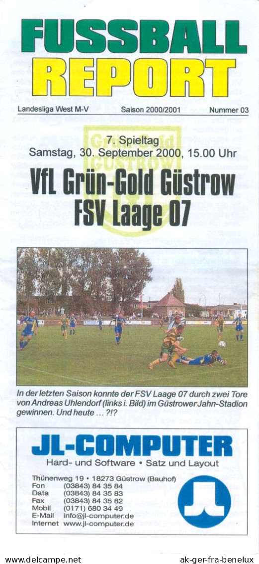 Fußball-Programm PRG VfL Grün-Gold Güstrow - FSV Laage 07 30. 9. 2000 Laager SV 03 BSG Traktor Corso Dynamo Barlachstadt - Programmi