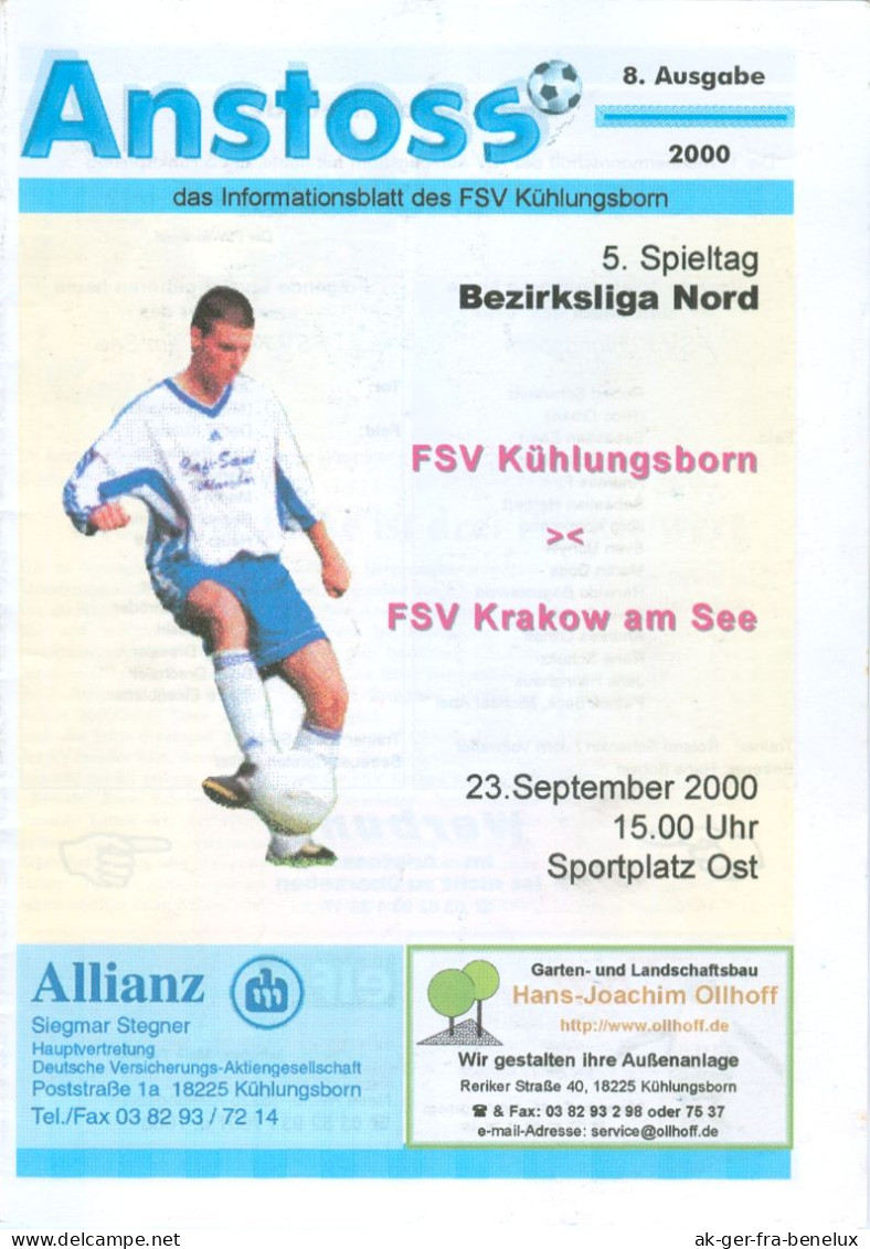 Fußball-Programm PRG FSV Kühlungsborn - FSV Krakow Am See 23. 9. 2000 Eintracht BSG Empor Einheit Mecklenburg-Vorpommern - Programmes