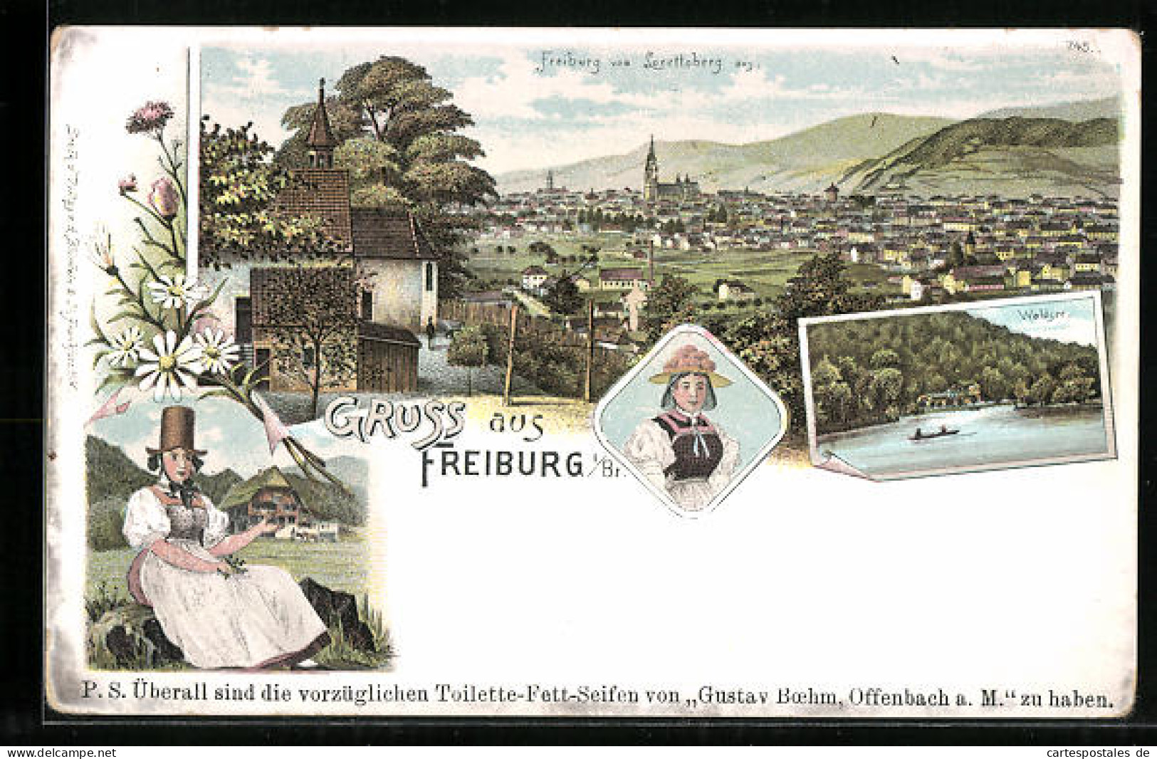 Lithographie Freiburg I. Br., Ortsansicht Vom Lorettaberg Aus, Waldsee, Frau In Tracht  - Freiburg I. Br.