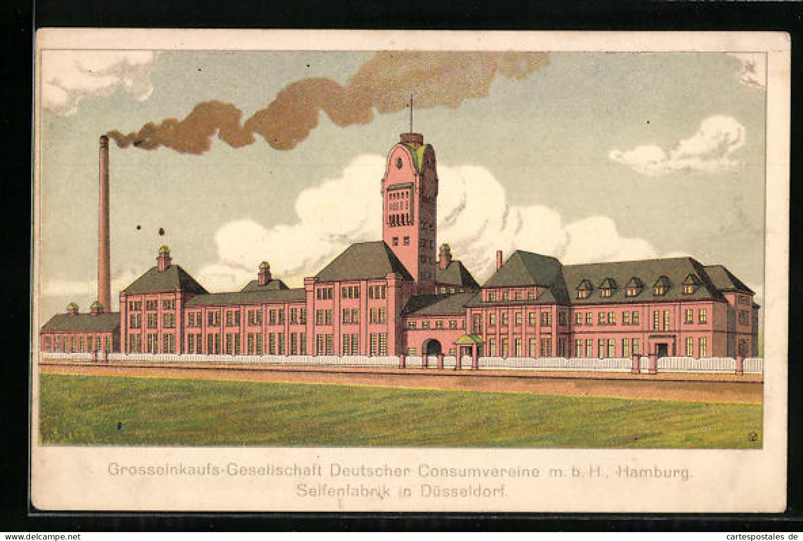 Lithographie Düsseldorf, Blick Auf Die Seifenfabrik Der Grosseinkaufs-Gesellschaft Deutscher Consumverein M.b.H. Hamb  - Düsseldorf