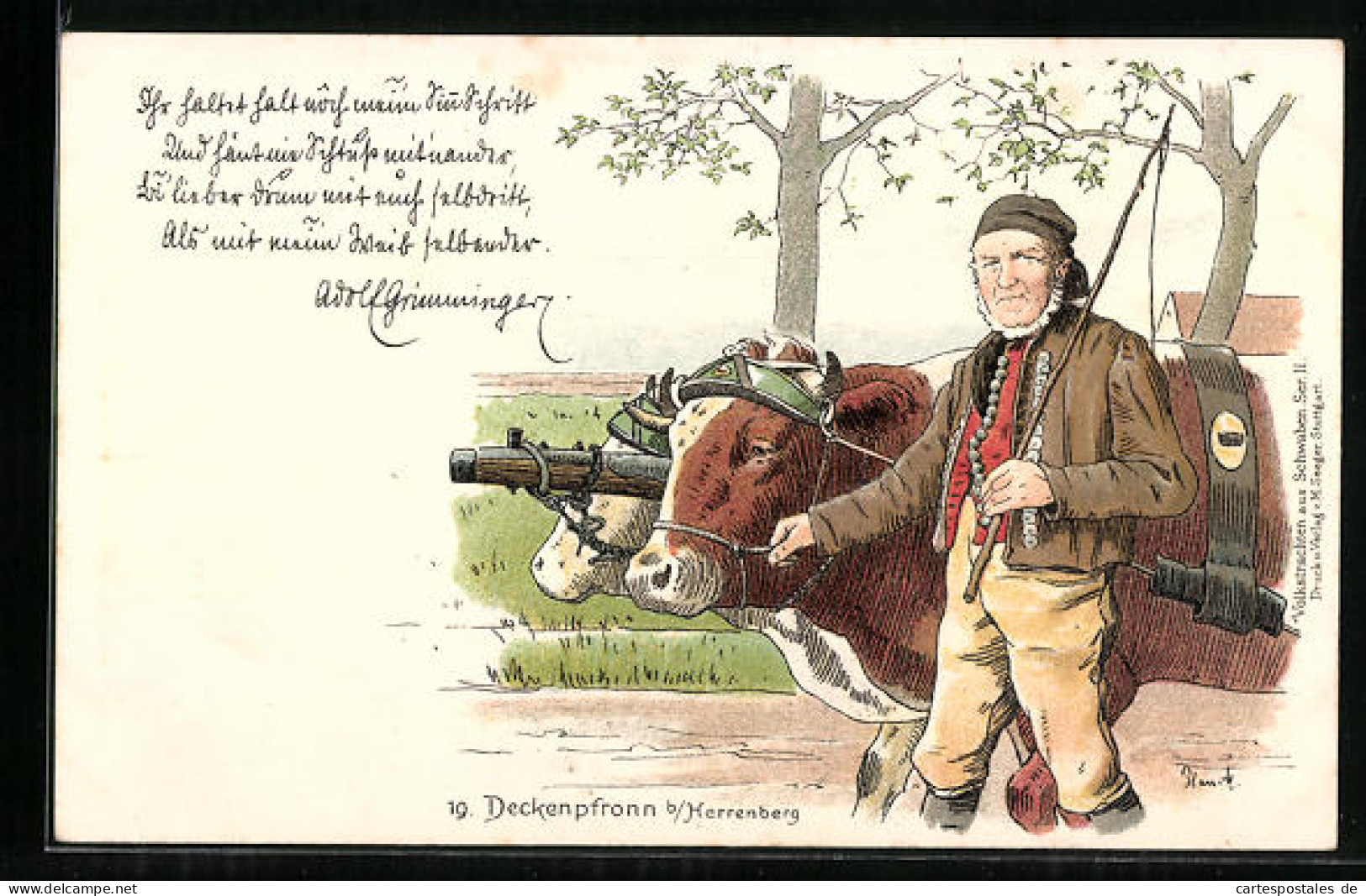 Lithographie Deckenpfronn B. Herrenberg, Bauer In Tracht Mit Seinem Ochesengespann  - Costumes