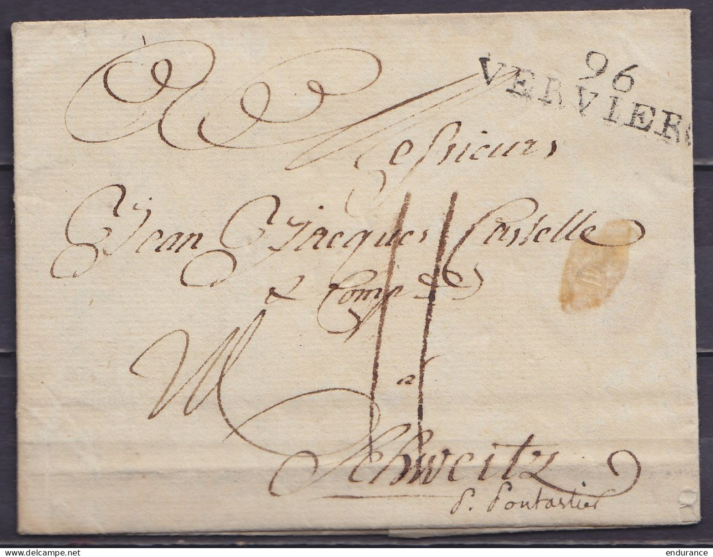 L. Datée 13 Janvier 1799 De VERVIERS Pour SCHWITZ Suisse (Schwitz) - Griffe "96/ VERVIERS" - Port "11" - 1794-1814 (Franse Tijd)