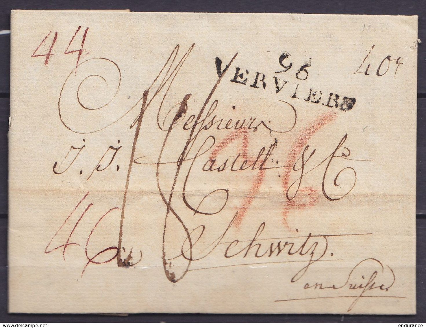 L. Datée 6 Mars 1806 De VERVIERS Pour SCHWITZ Suisse (Schwitz) - Griffe "96/ VERVIERS" -port "18" & Diverses Bonificatio - 1794-1814 (French Period)