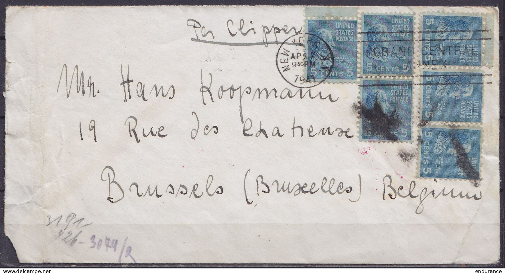 USA - Env. "Schoenemann Galleries" Affr. 6x 5c Flam. "NEW YORK /APR 2 1941/ GARND CENTRAL ANNEX" Pour BRUXELLES "per Cli - Guerra '40-'45 (Storia Postale)