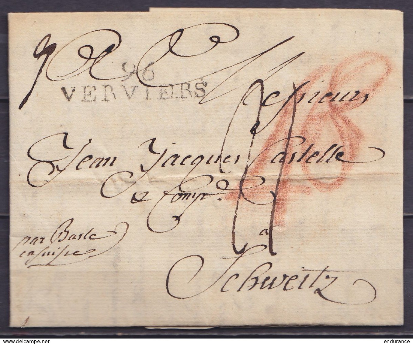 L. Datée 12 Mai 1803 De VERVIERS Pour SCHWITZ (Schwitz) "Par Basle En Suisse" - Griffe "96/ VERVIERS" -port "21" & Diver - 1794-1814 (Periodo Frances)