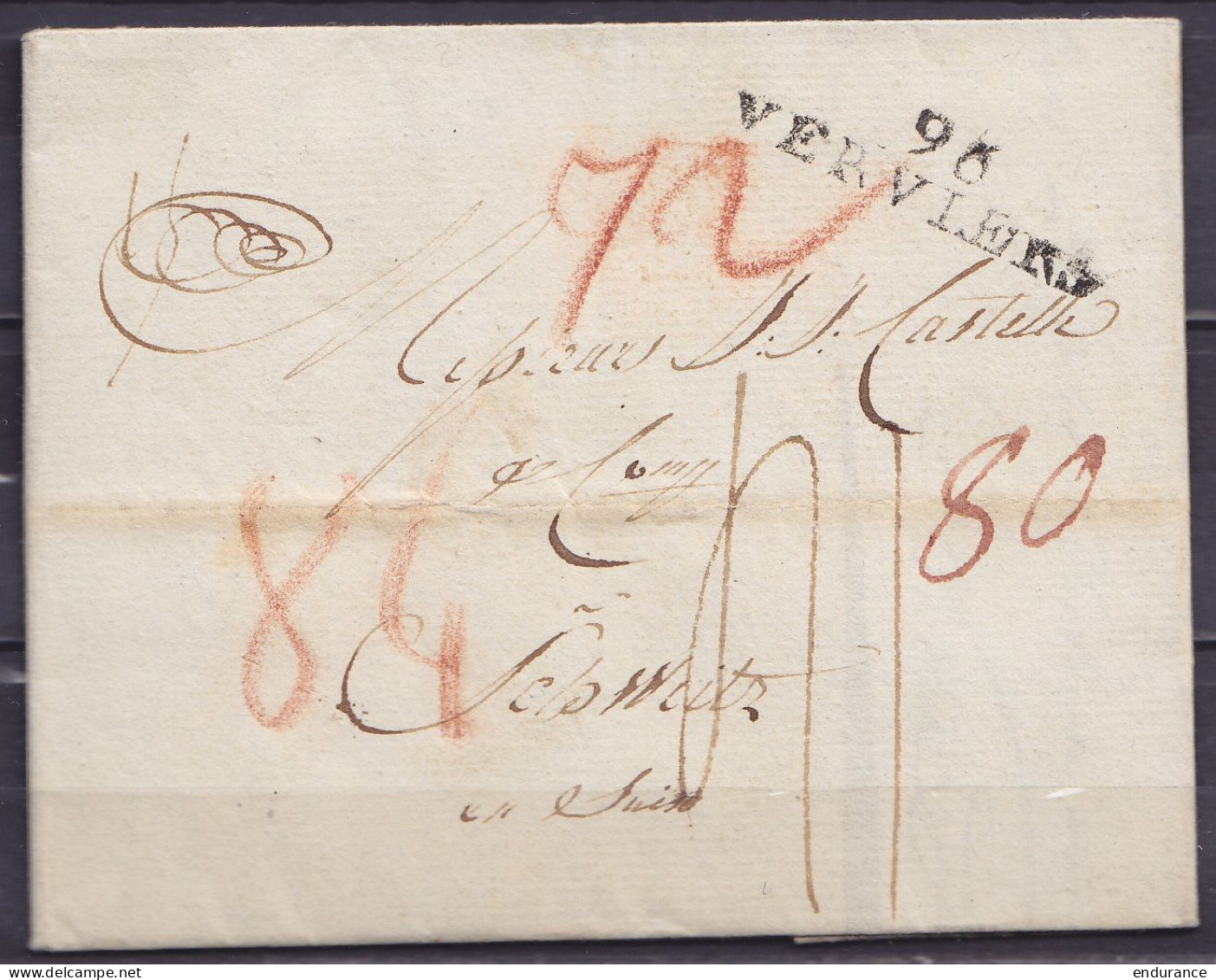 L. Datée 18 Mai 1810 De VERVIERS Pour SCHWITZ Suisse (Schwitz) - Griffe "96/ VERVIERS" - Port "41" & Diverses Bonificati - 1794-1814 (French Period)