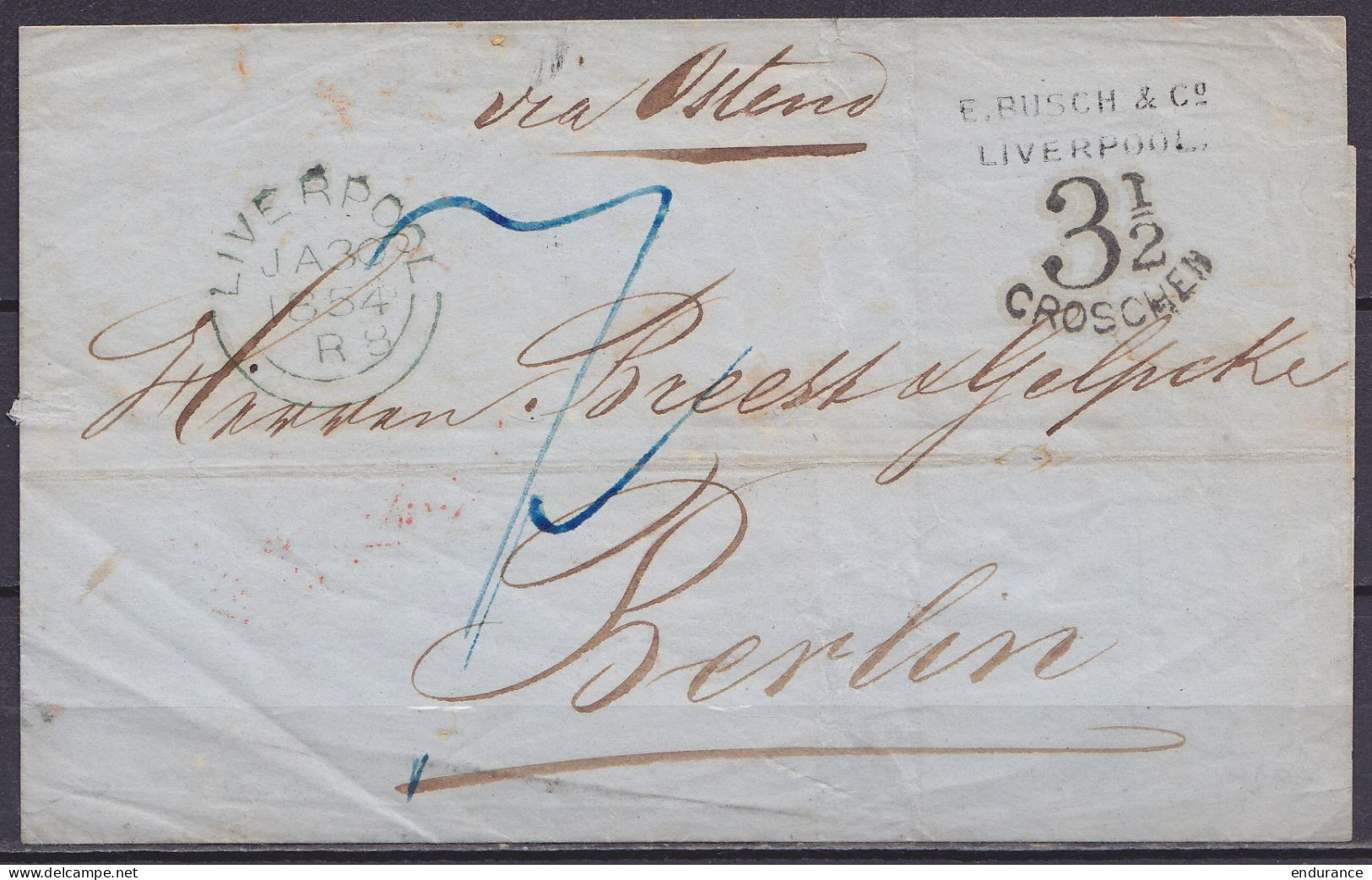 LSC (sans Contenu) Càd LIVERPOOL /JA 30 1854 Pour BERLIN "via Ostend" - Port "7" & Taxe "3½ GROSCHEN" (au Dos: Càd "AUS  - Postmark Collection