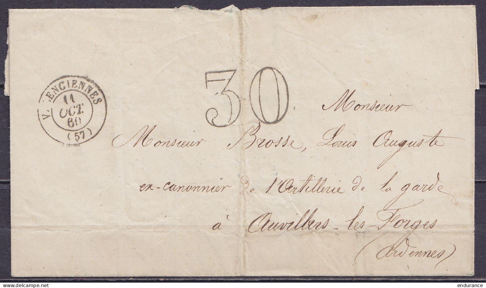 LSC (sans Contenu) Sans Timbre Càd VALENCIENNES /11 OCT 1860 Taxée 30c Au Tampon Pour AUVILLERS-les-FORGES (Ardennes) (a - 1849-1876: Klassik