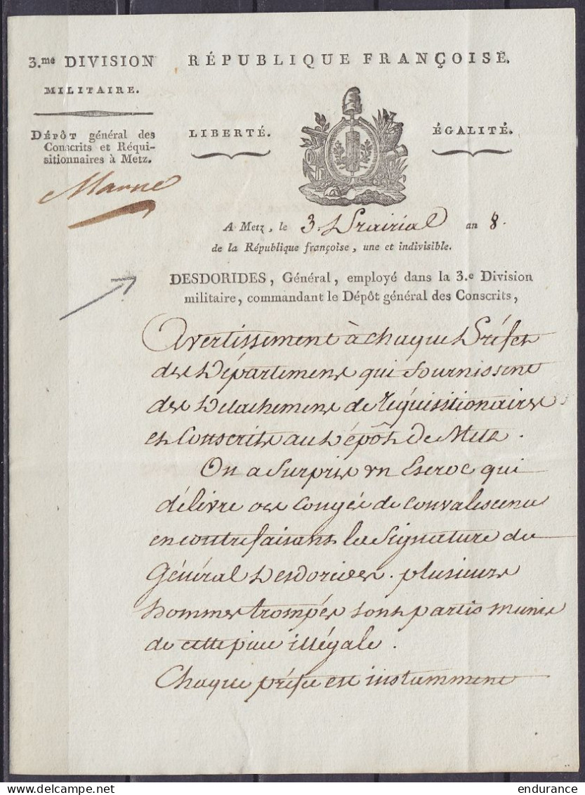 L. Datée 3 Prairial An 8 (23 Mai 1800) De METZ Signée Général Desdoridès Pour CHALONS - Griffe "55/ METZ" - Port "7" (Se - 1701-1800: Precursores XVIII