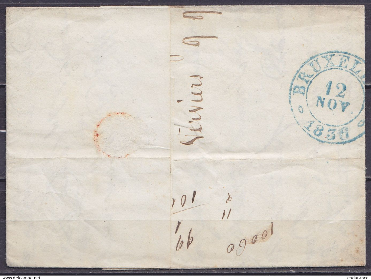 L. Càd VERVIERS /11 NOV 1836 Pour BRUXELLES - Port "5" (au Dos: Càd Bleu Arrivée BRUXELLES) - 1830-1849 (Belgique Indépendante)