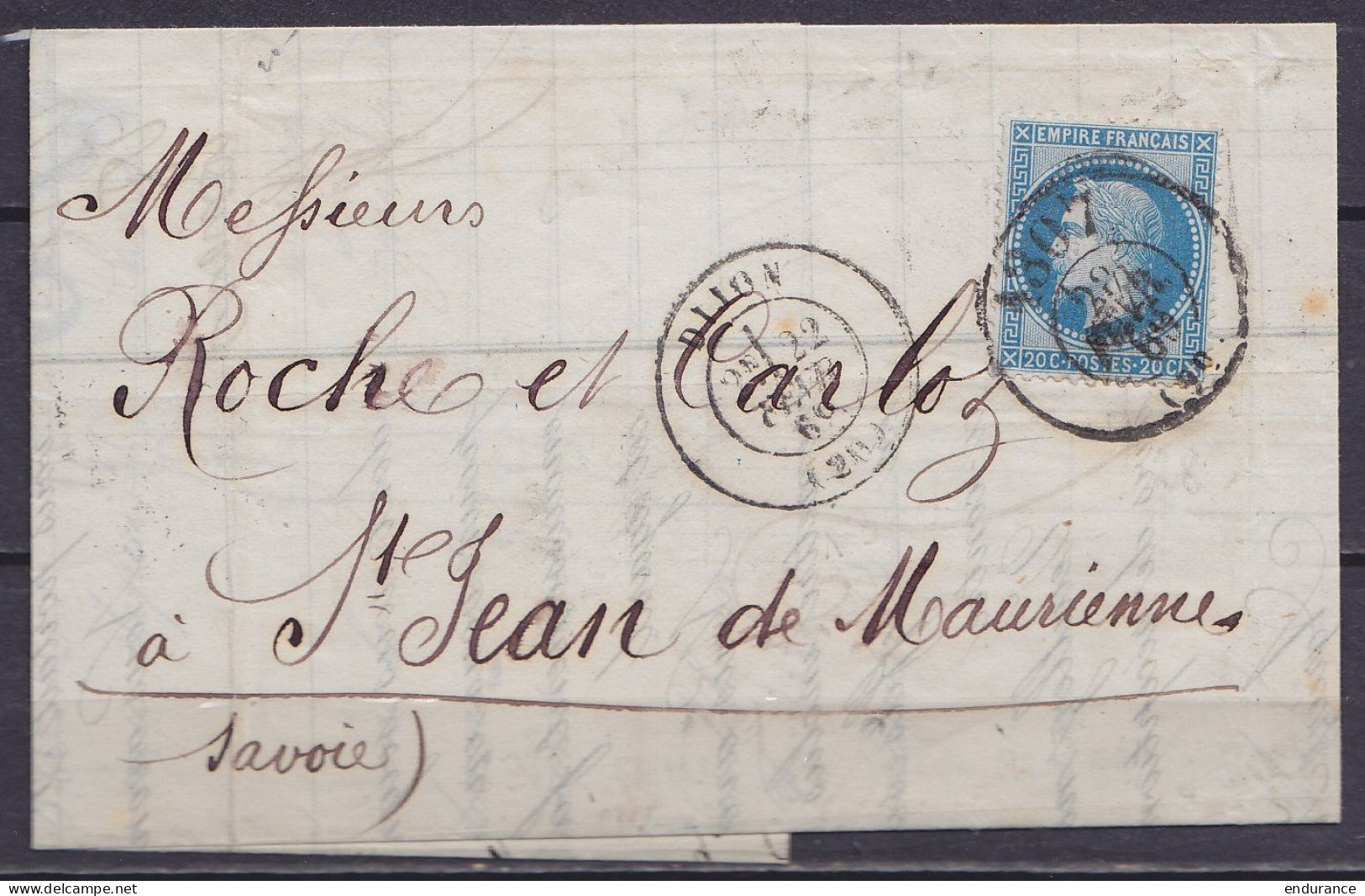 L. Affr. N° 29B Càd Bureau De Passe "1307 /28 FEVR 1869" & DIJON /28 FEVR 69 Pour ST-JEAN-DE-MAURIENNE (au Dos: Càd Ambu - 1863-1870 Napoléon III. Laure