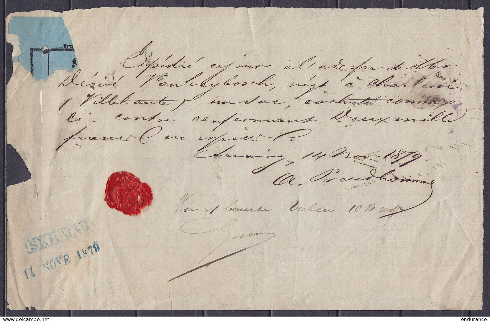 Note D'envoi Datée 14 Novembre 1879 De SERAING Pour CHARLEROI D'un Sac Contenant 2000 Fr. - Cachet Chemin De Fer "Nord B - Nord Belge