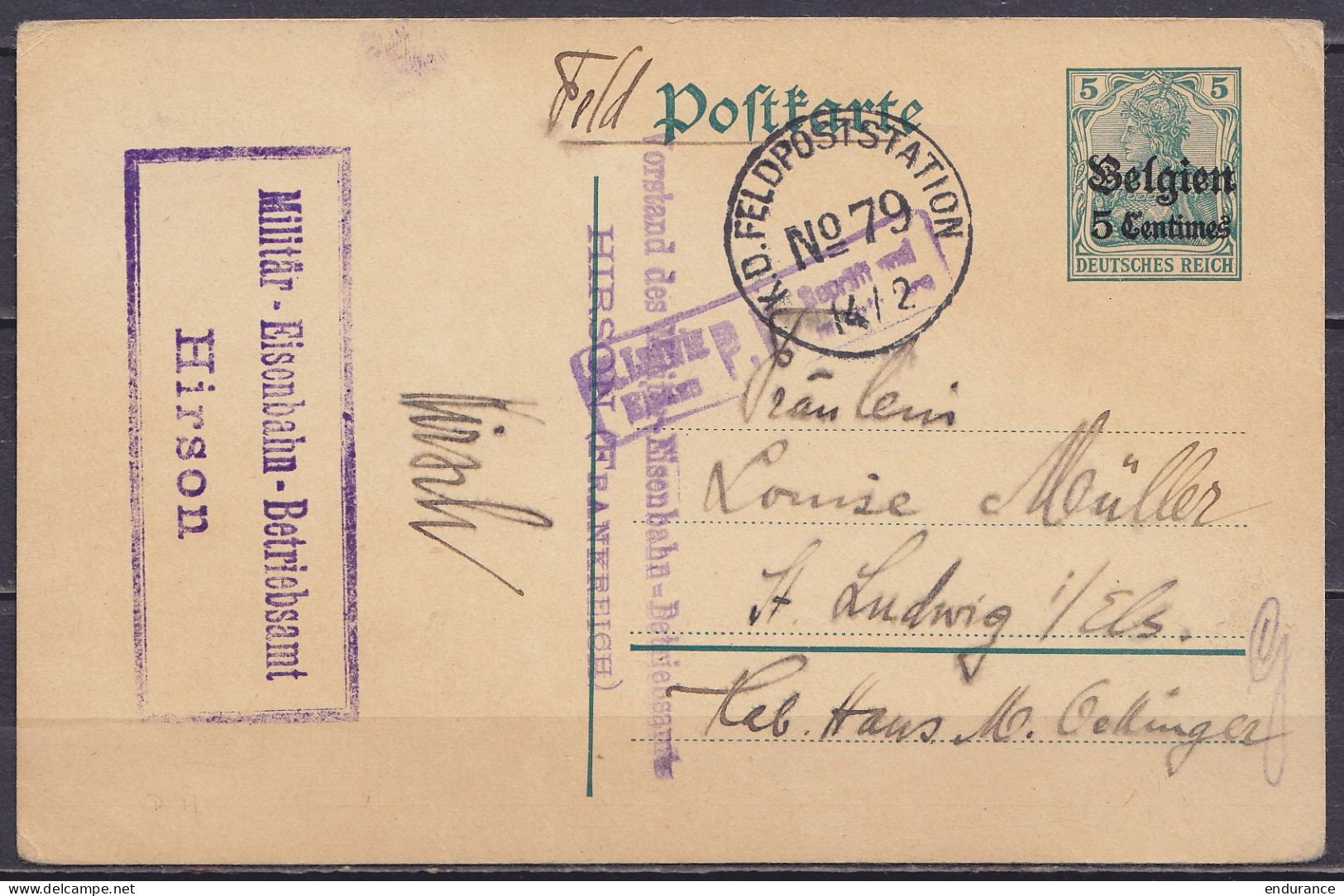 EP CP 5c Vert (OC2) Càd "K.D. FELDPOSTSTAION N°79 /14/2" (1916) Pour ST. LUDWIG Elsass (St-Louis Alsace) - Cachet [Milit - Duitse Bezetting
