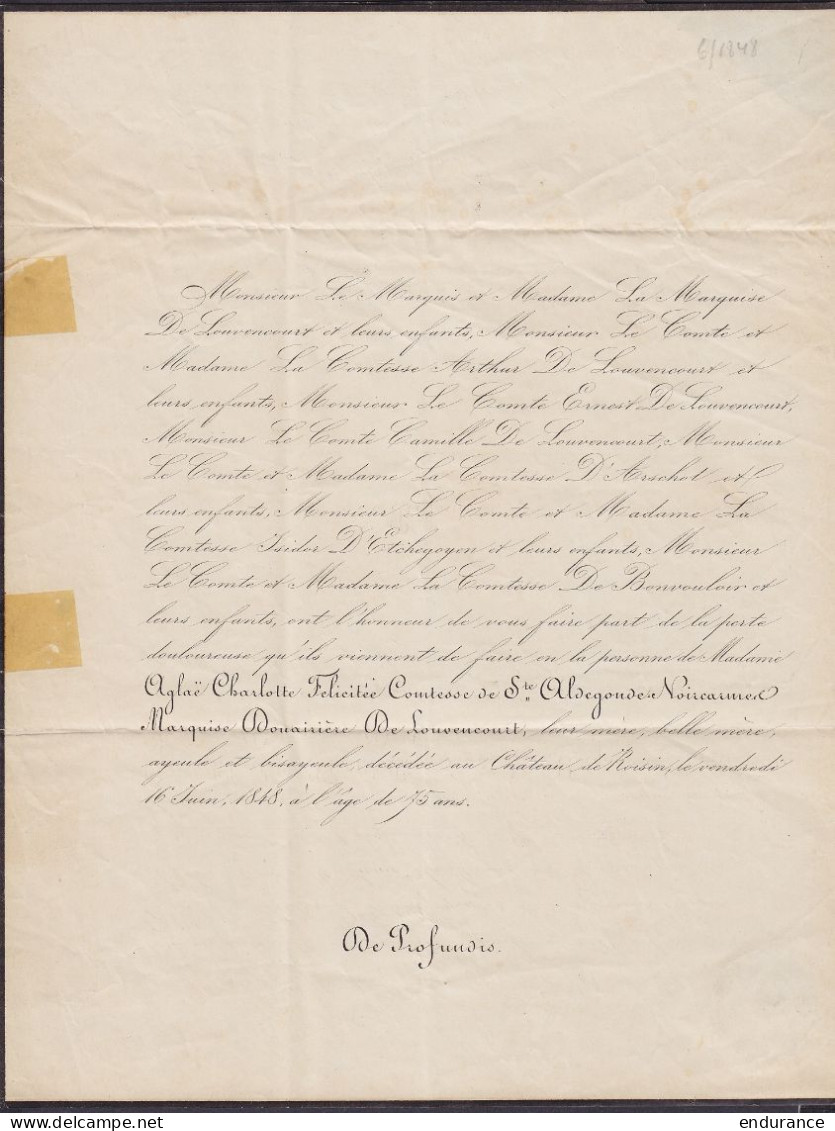 Imprimé Mortuaire Du Château De Roisin Càd Imprimés "BRUXELLES /28 JUIN/ P.P." (1848) Pour Comte De Villegas De St-Pierr - 1830-1849 (Onafhankelijk België)