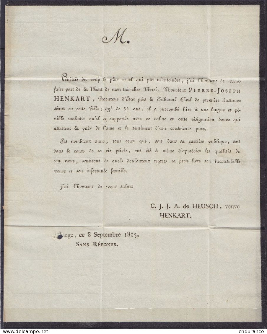 L. Datée 8 Septembre 1815 De LIEGE Pour HUY - Griffe "LIEGE" - Port "2" - 1815-1830 (Période Hollandaise)