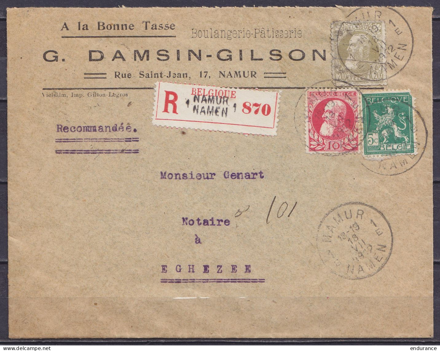 Env. "Boulangerie-Pâtisserie Damsin-Gilson" Recommandée Affr. N°74+75+110 (coin Manquant) Càd "NAMUR 1E /18 VII 1912/ NA - 1905 Barbas Largas