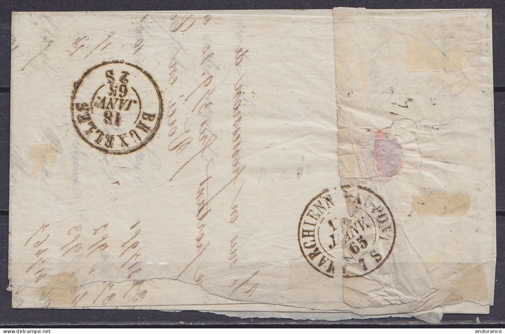 L. Affr. N°15 Lpts "322" Càd ST-GHISLAIN /18 JANV 1865 Pour MARCHIENNE-AU-PONT (au Dos: Càd BRUXELLES & Arrivée MARCHIEN - 1863-1864 Medallions (13/16)