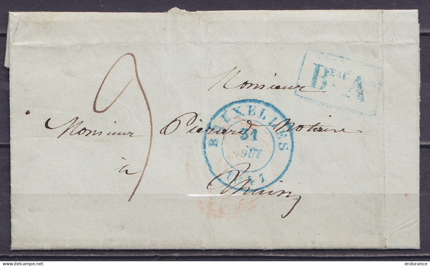 L. De SCHAERBEEK Càd BRUXELLES /31 AOUT 1847 - Cachet Bureau Auxiliaire [B.eau/A] Pour THUIN - Port "3" (au Dos: Càd Arr - 1830-1849 (Belgique Indépendante)