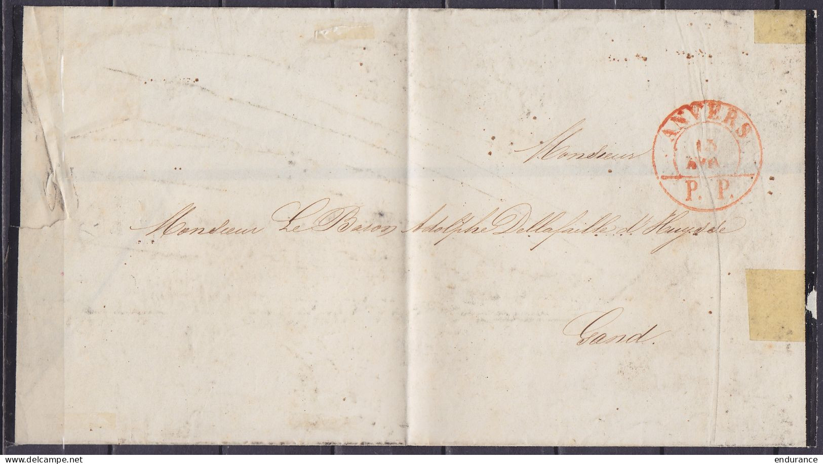 Imprimé Mortuaire (sans Contenu) Càd Imprimés "ANVERS /13 AVR./ P.P." (1850 ?) Pour Baron Dellafaille D'Huysse à GAND (a - 1849-1850 Medallones (3/5)