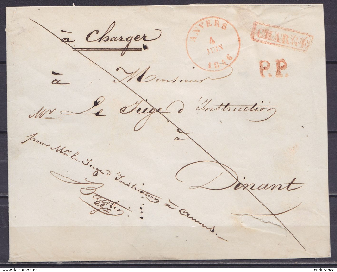 Env. (sans Contenu) Chargée Càd ANVERS /4 JUIN 1846 Pour DINANT - Griffes [CHARGE] & "P.P." (au Dos: Port "36" & Càd Arr - 1830-1849 (Belgica Independiente)