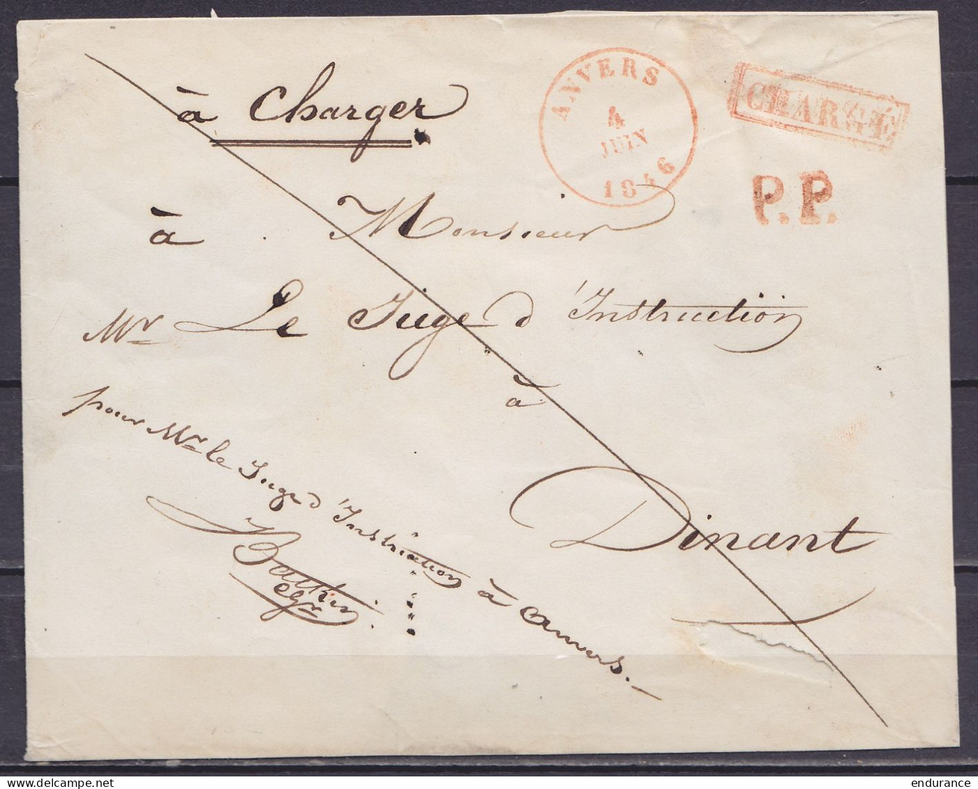 Env. (sans Contenu) Chargée Càd ANVERS /4 JUIN 1846 Pour DINANT - Griffes [CHARGE] & "P.P." (au Dos: Port "36" & Càd Arr - 1830-1849 (Onafhankelijk België)