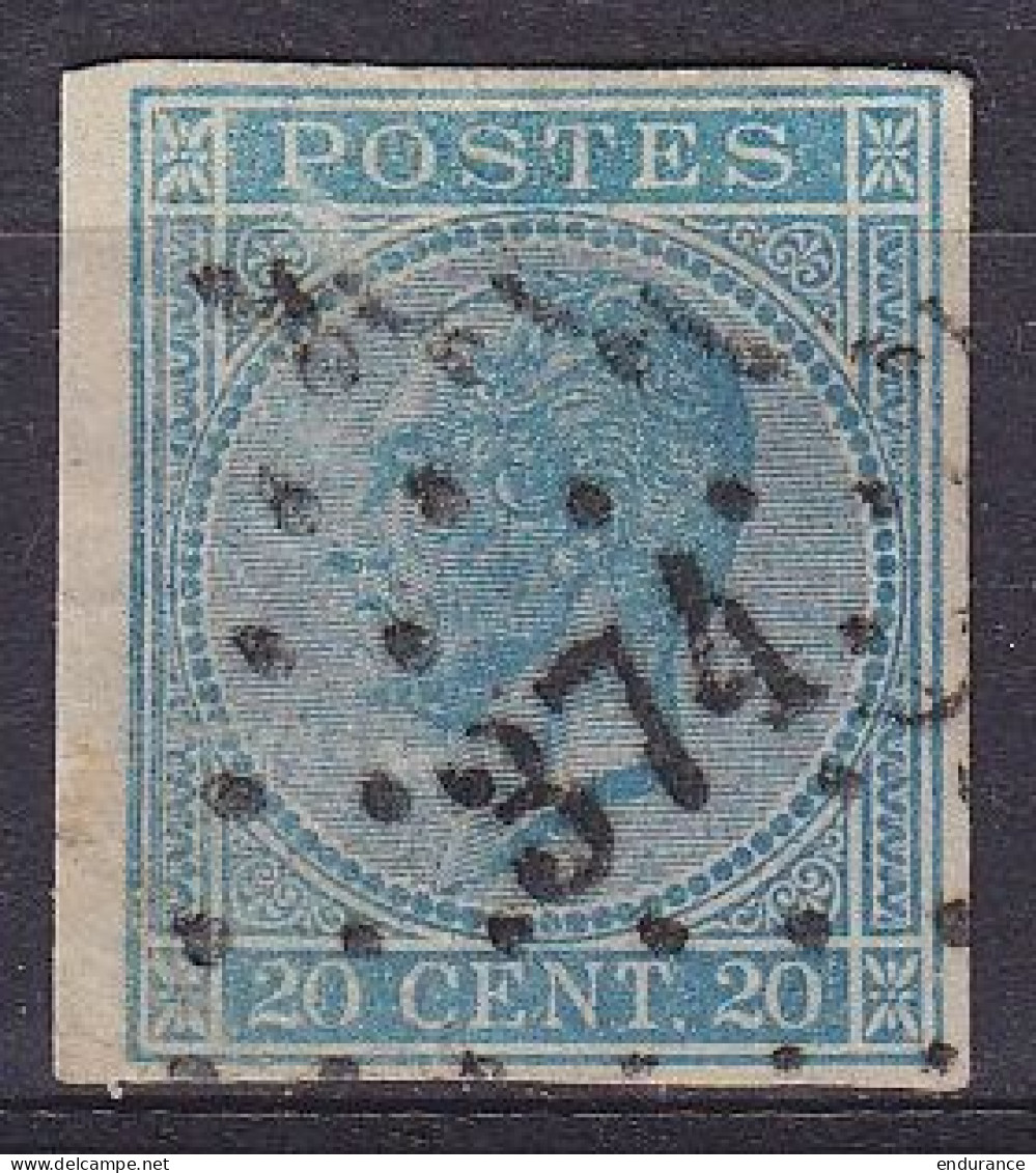 Belgique - N°18 Non-dentelé ! 20c Bleu Léopold I Lpts "374" VERVIERS - 1865-1866 Profilo Sinistro