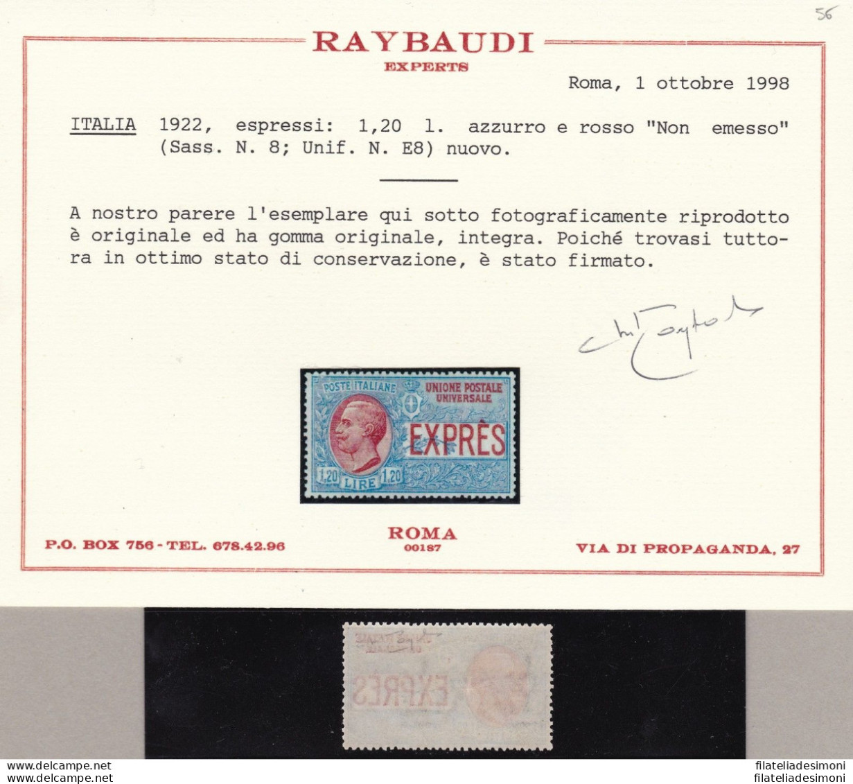 1922 Italia - REGNO  - Espresso N. 8  Lire 1,20 Azzurro E Rosso  MNH** - Certifi - Altri & Non Classificati