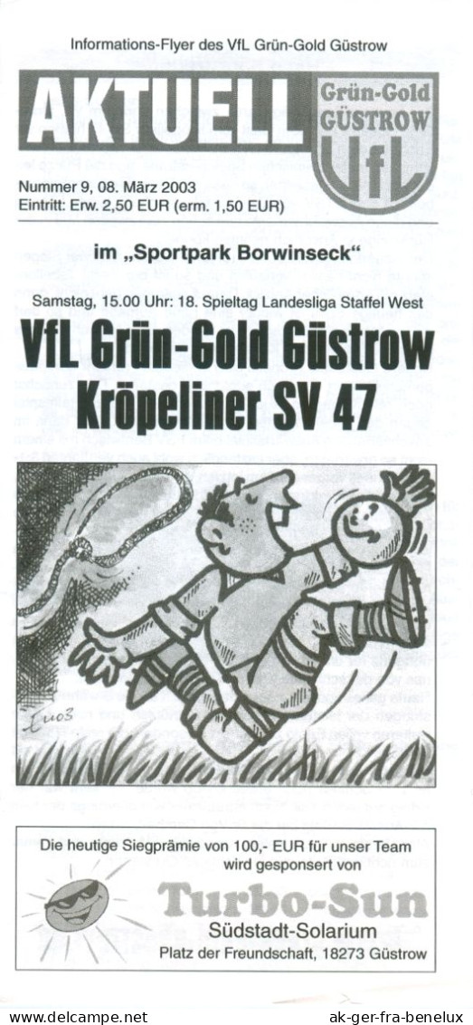 Fußball-Programm PRG VfL Grün-Gold Güstrow Vs Kröpeliner SV 47 8. 3. 2003 BSG Traktor Kröpelin GG Mecklenburg-Vorpommern - Programmes
