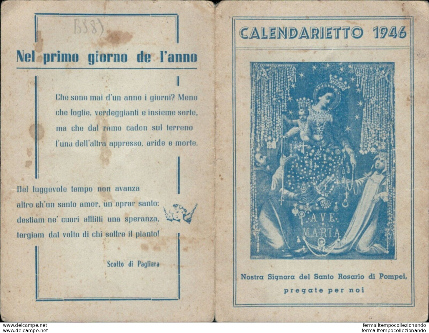 Bs89 Calendarietto Religioso Nostra Signora Di Pompei 1946 - Sonstige & Ohne Zuordnung