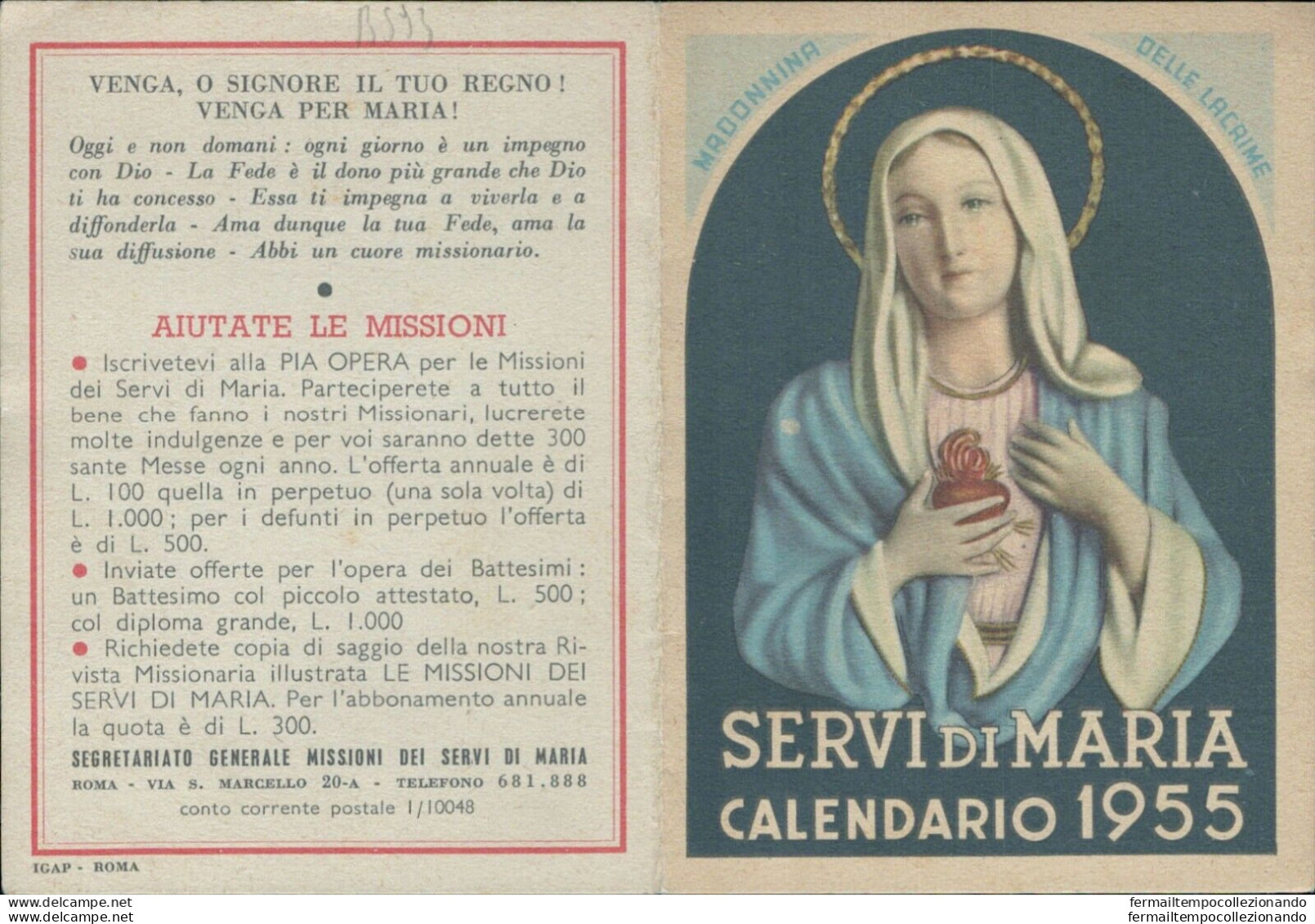 Bs93 Calendarietto Religioso Servi Di Maria 1955 - Autres & Non Classés