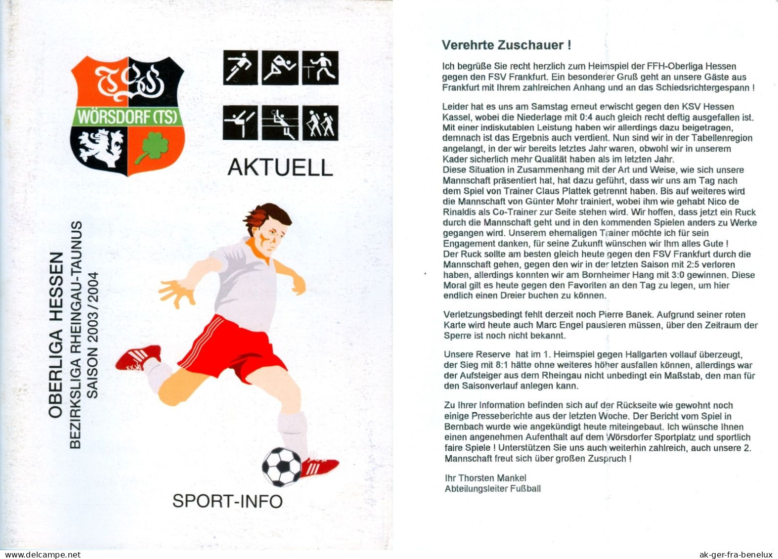 Fußball-Programm PRG TSG Wörsdorf Vs FSV Frankfurt Am Main 20. 8. 2003 Idstein Wörsbachtal Bornheim Taunus A. Hessen - Programme