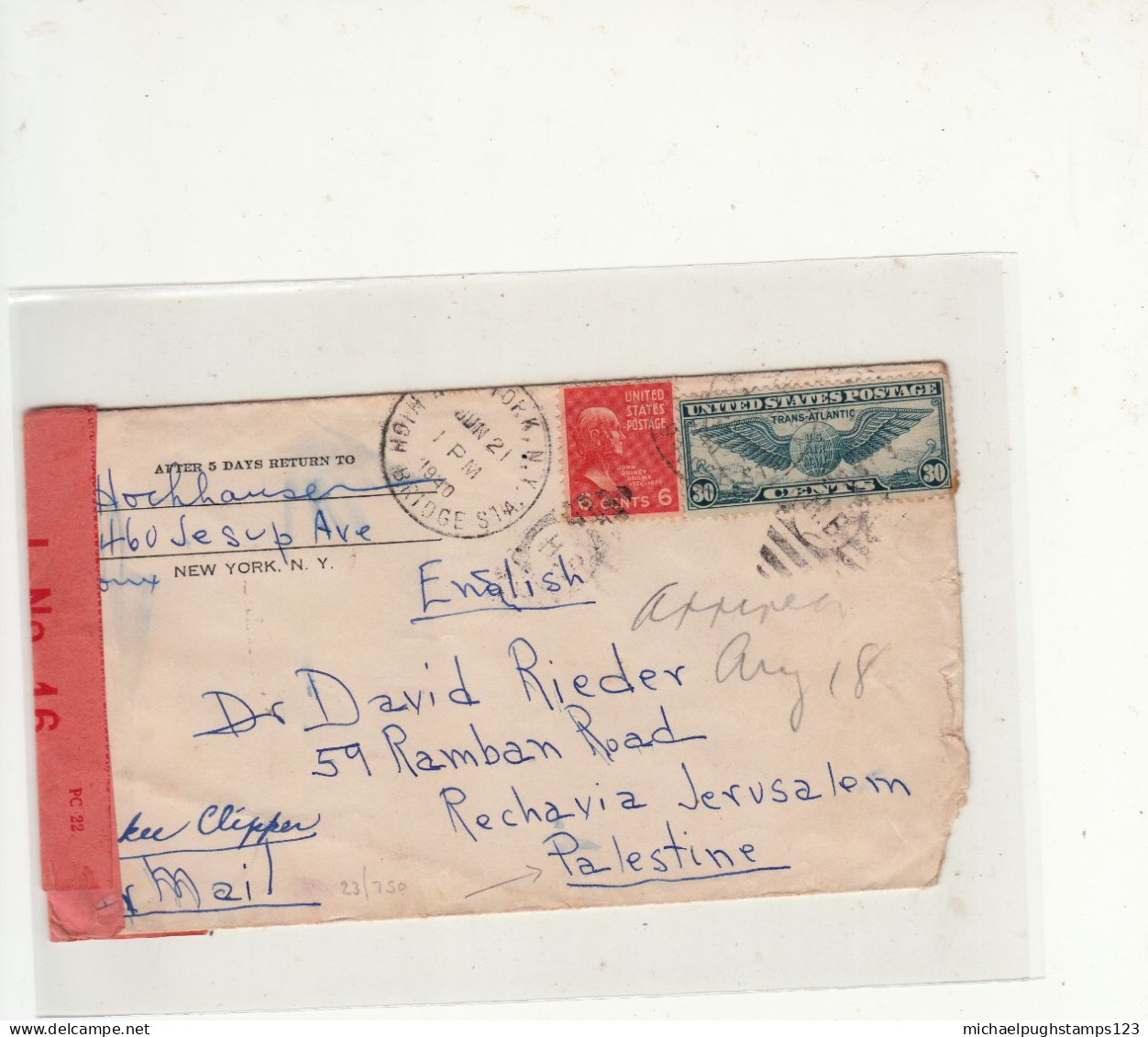 U.S. / Airmail / Palestine / Censoprship - Other & Unclassified