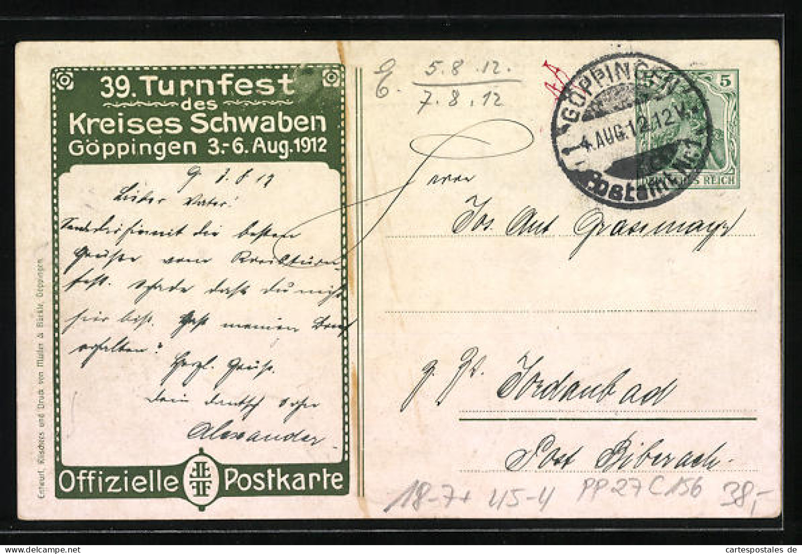 AK Göppingen, 39. Turnfest Des Kreises Schwaben 1912, Teilansicht Mit Kirche, Turnvater Jahn, Ganzsache, PP27C156  - Sonstige & Ohne Zuordnung