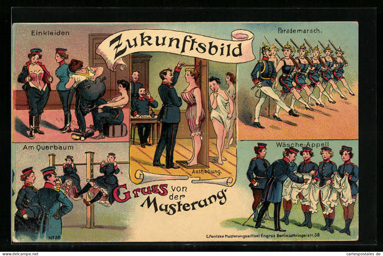 Lithographie Zukunftsbild Der Musterung, Am Querbaum, Einkleiden, Parademarsch  - Other & Unclassified