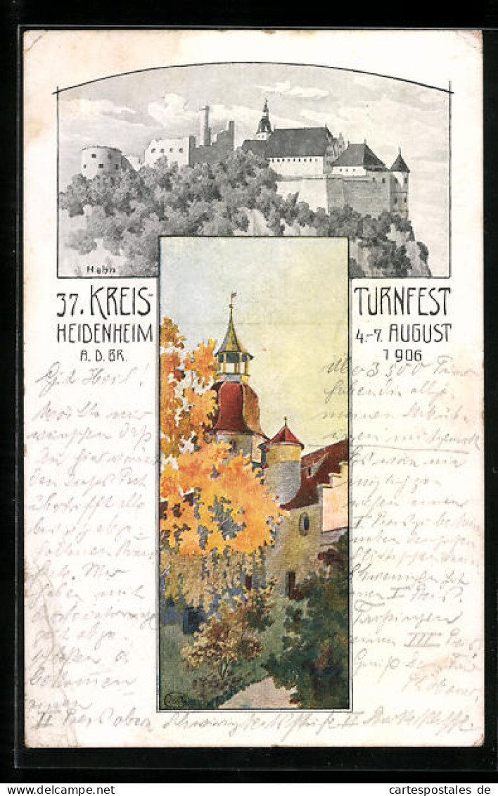 Künstler-AK Ganzsache PP27C68 /02: Heidenheim A.d.Br., 37. Kreis-Turnfest 1906, Burgberg, Kirche  - Sonstige & Ohne Zuordnung