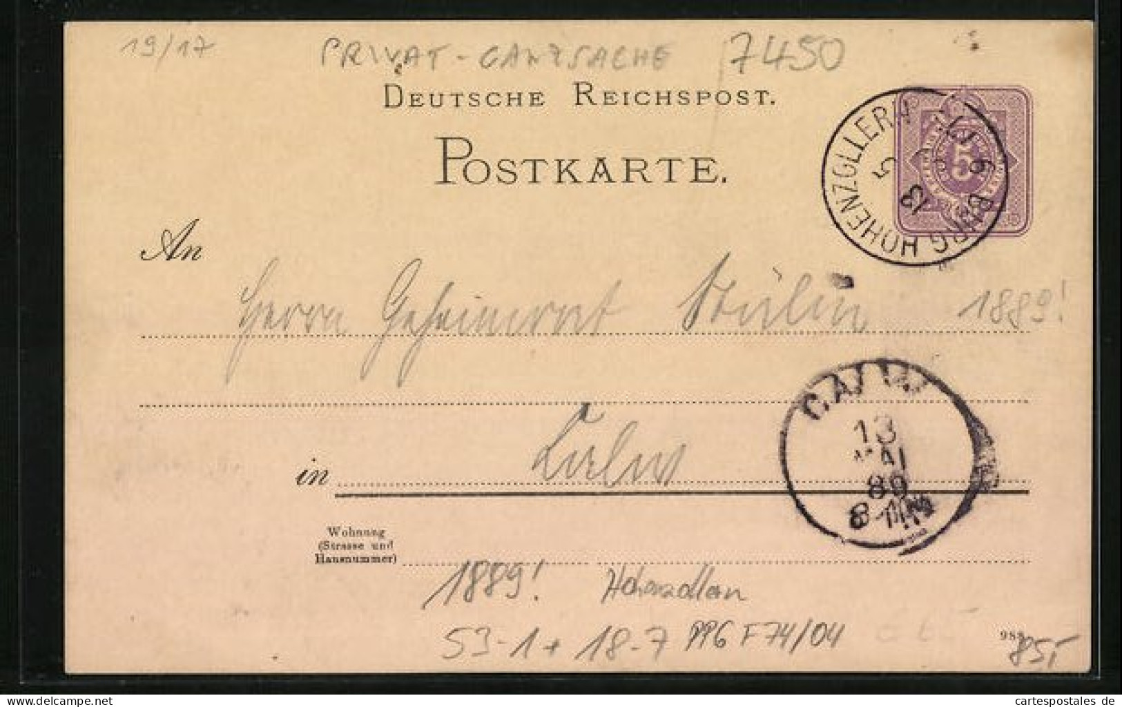 Vorläufer-AK Ganzsache PP6F74 /04: Burg Hohenzollern, 1889  - Briefkaarten