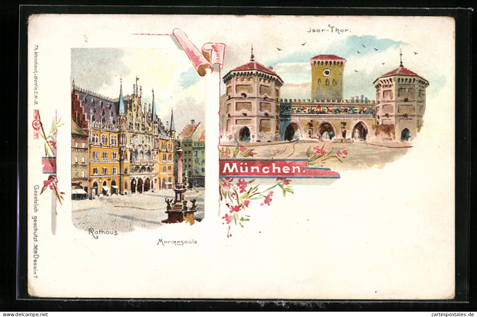 Lithographie München, Rathaus, Mariensäule, Isar-Thor  - Muenchen