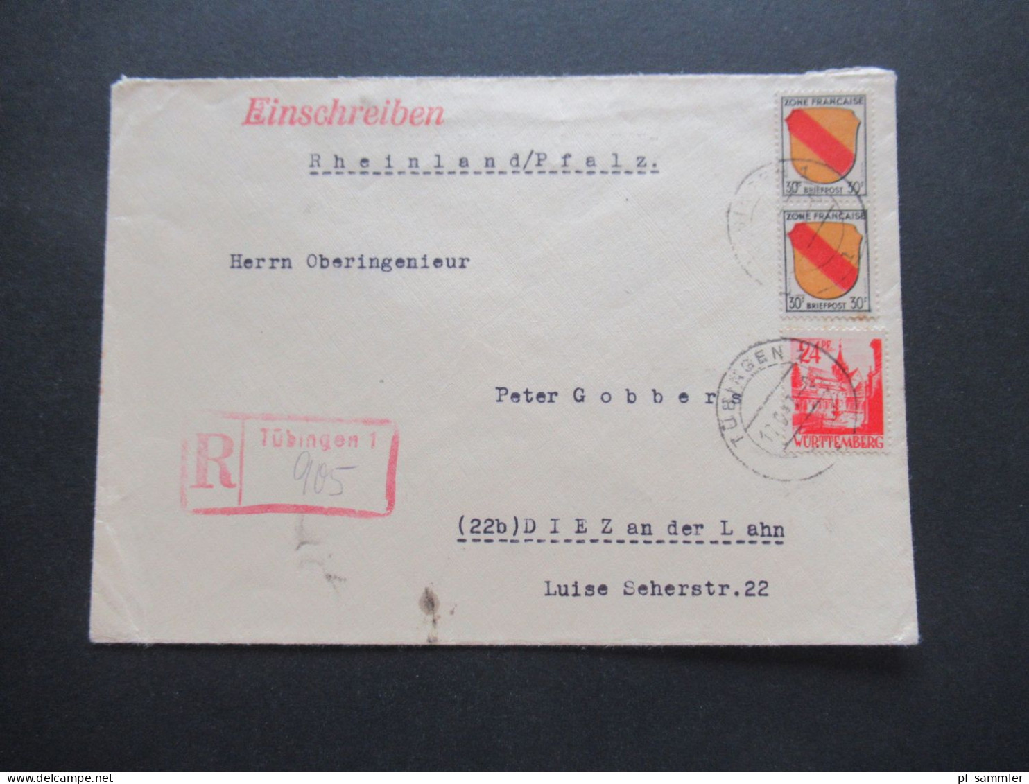 1947 Französische Zone Mi.Nr.10 (2) MiF Mit Württemberg Nr.8 Einschreiben Roter Stp. Tübingen 1 - Diez An Der Lahn - Emissioni Generali