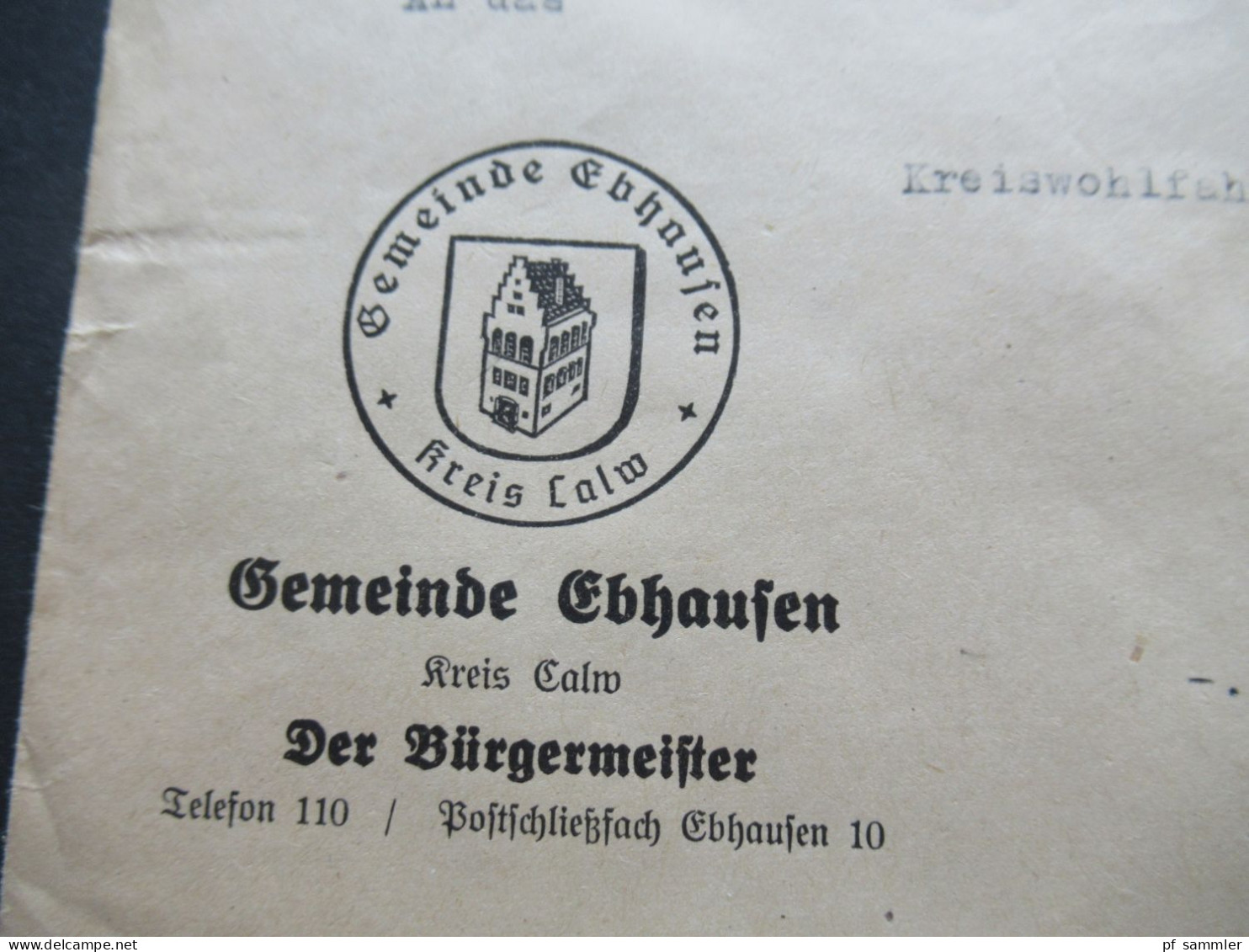 1946 Französische Zone Mi.Nr.6 (2) MeF Umschlag Gemeinde Ebbhausen Kreis Calw Der Bürgermeister Ortsbrief - Emissions Générales