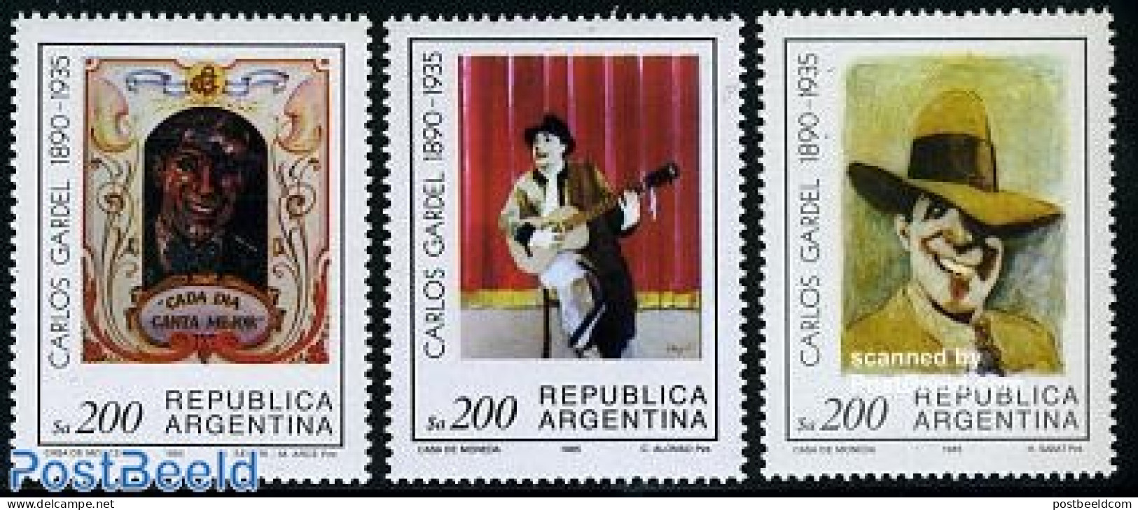 Argentina 1985 Carlos Gardel 3v, Mint NH, Performance Art - Music - Art - Modern Art (1850-present) - Paintings - Unused Stamps