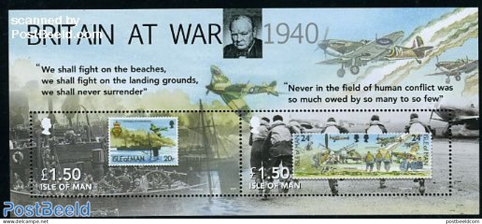 Isle Of Man 2010 Britain At War S/s, Mint NH, History - Transport - World War II - Stamps On Stamps - Aircraft & Aviat.. - Guerre Mondiale (Seconde)
