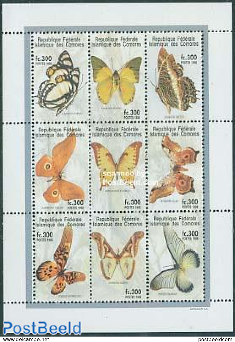 Comoros 1998 Butterflies 9v M/s, Mint NH, Nature - Butterflies - Comoros